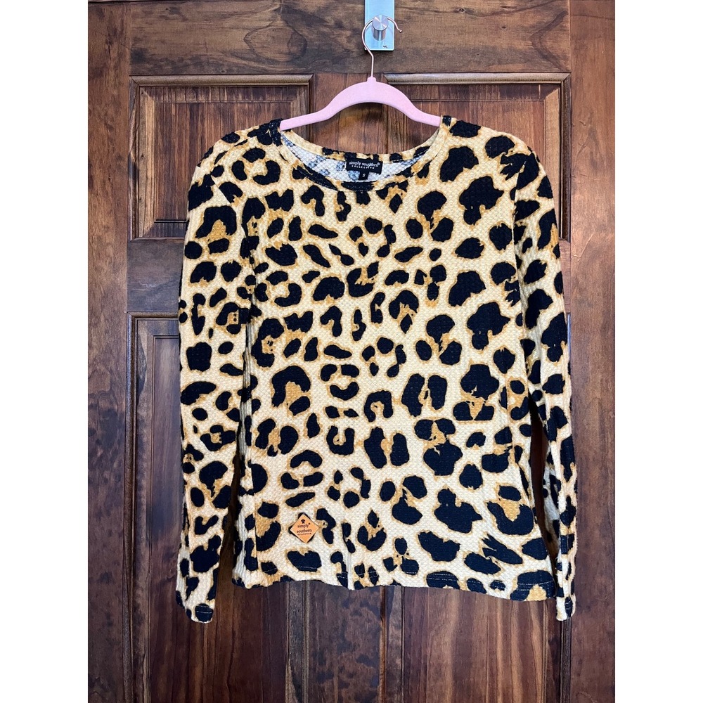 Simply Southern Leopard Print Waffle Knit Long Sleeve Top Tan Black Womens Small